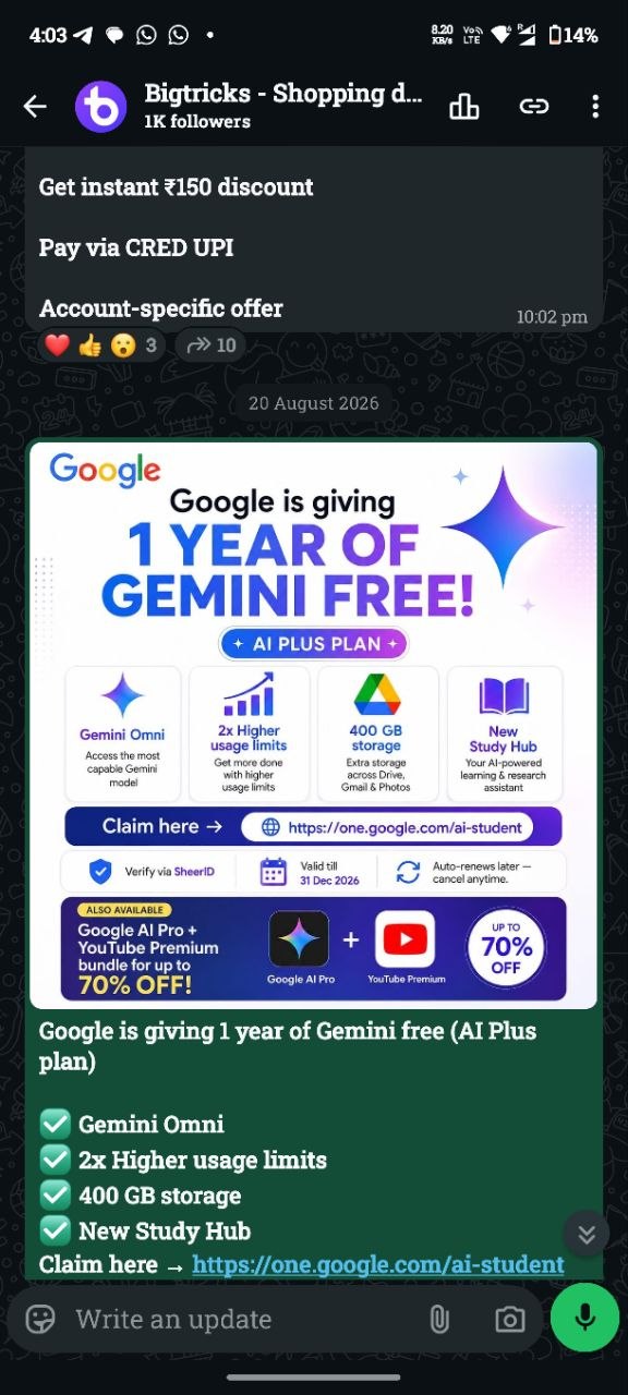 A coupon code post in the Bigtricks WhatsApp channel