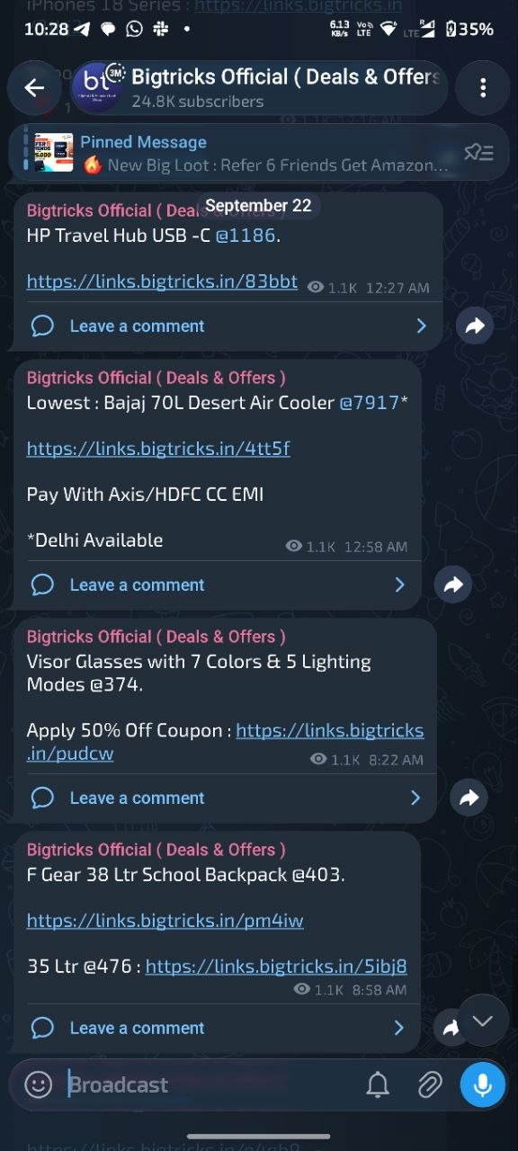 A Bigtricks deal alert post in the Telegram channel, showing a discounted price