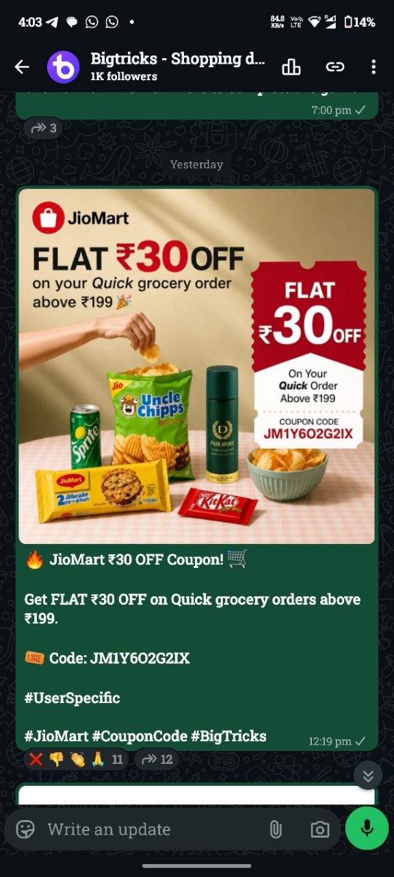 A Bigtricks deal alert post in the WhatsApp channel, showing a discounted price