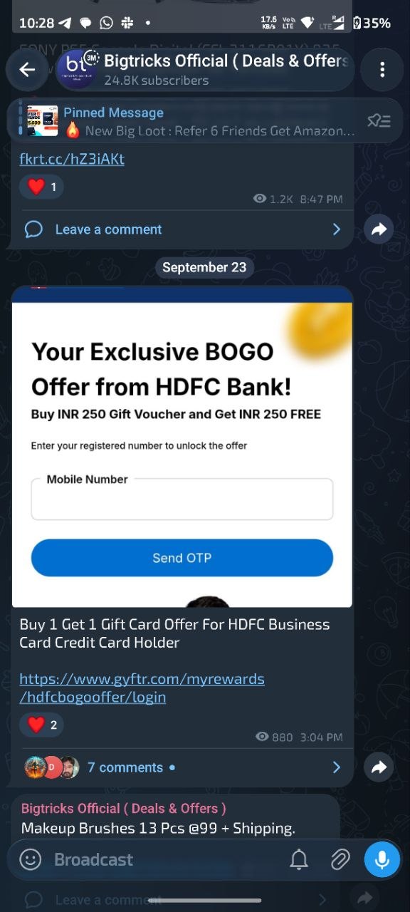 A bank and card offer post in the Bigtricks Telegram channel