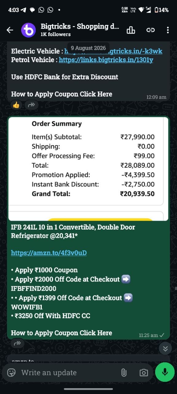 A bank and card offer post in the Bigtricks WhatsApp channel