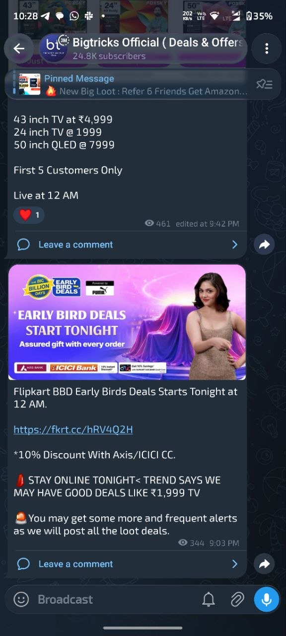 The Bigtricks Loot Deals Telegram channel showing recent deal posts