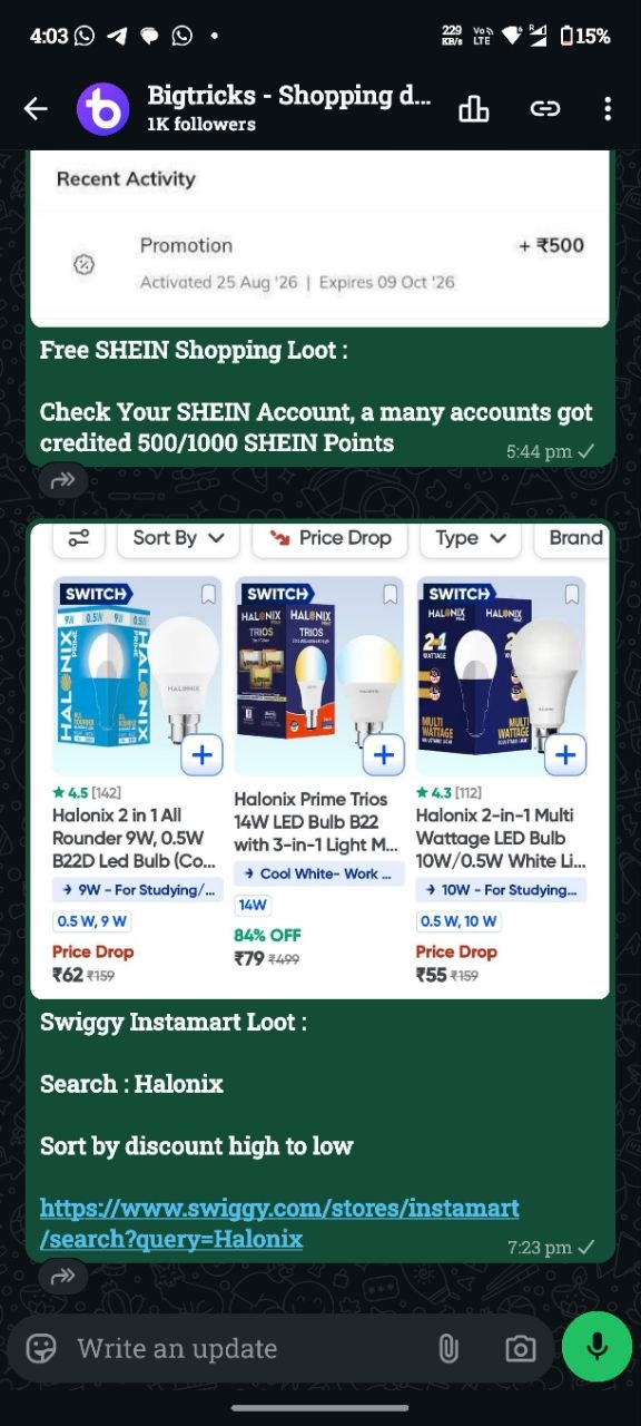 The Bigtricks Loot Deals WhatsApp channel showing recent deal posts
