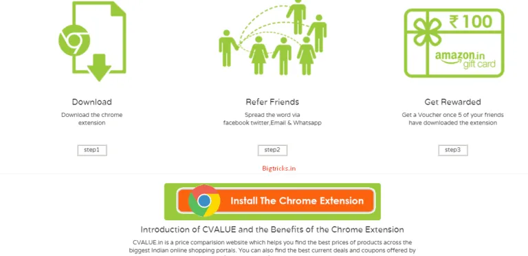 Cvalue Chrome Extension – Refer  5 Friends And Earn Rs 100 Free Amazon.In Voucher