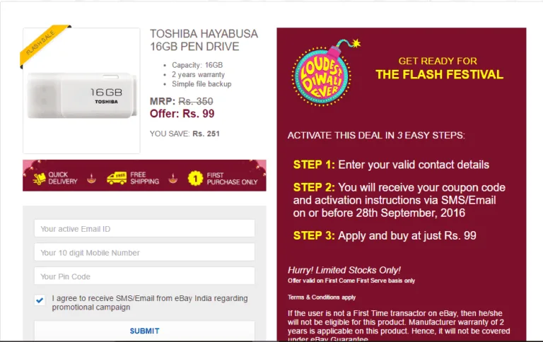 Ebay Flash sale : Toshiba 16 Gb Pendrive At Rs.99 (New Users)