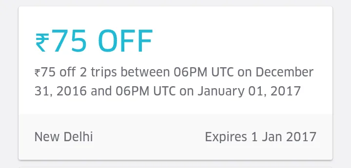 Uber Cab Offers : Get Rs. 75 Off on  2 Rides 31 Dec – 1 Jan ( New Year Offer )