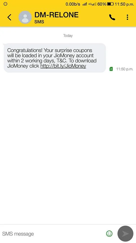 Send A Message And Get Free Surprise Coupons of Reliance Fresh,Smart,AJIO And Jio money