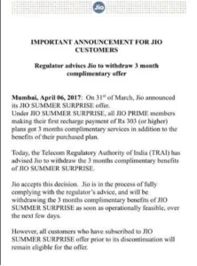 (Big news) Jio Withdraws Summer Surprise Offer - No More Free Data for Next 3 Months 3 Jio Summer Surprise