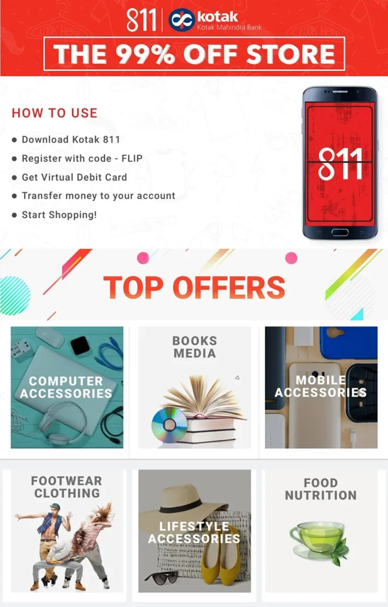 Get 99% Off On Selected Items by Using Kotak 811 Virtual Debit Card at Flipkart