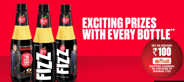 Get Rs.100 Paytmmall cashback Voucher on Purchase of 600Ml Bottle Of Appy Fizz