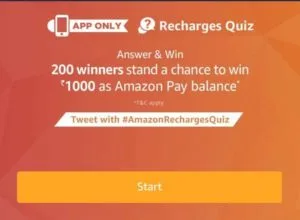 [19 December] Amazon Pay Quiz- Answer Win Rs 1000 Pay Balance