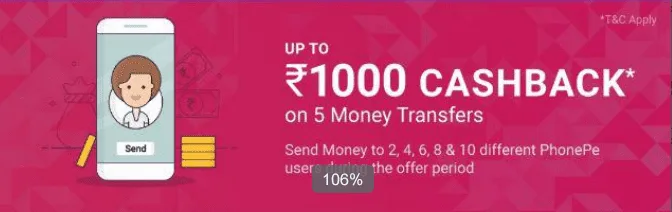 Phonepe All Users loot – Transfer Money Minimum 2 times & Get upto Rs.1000 Cashback(Upto 5 Times)