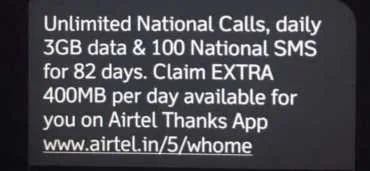 Airtel – Get 3GB/Day + Unlimited Calling & Data For 82 Days at Just Rs.55