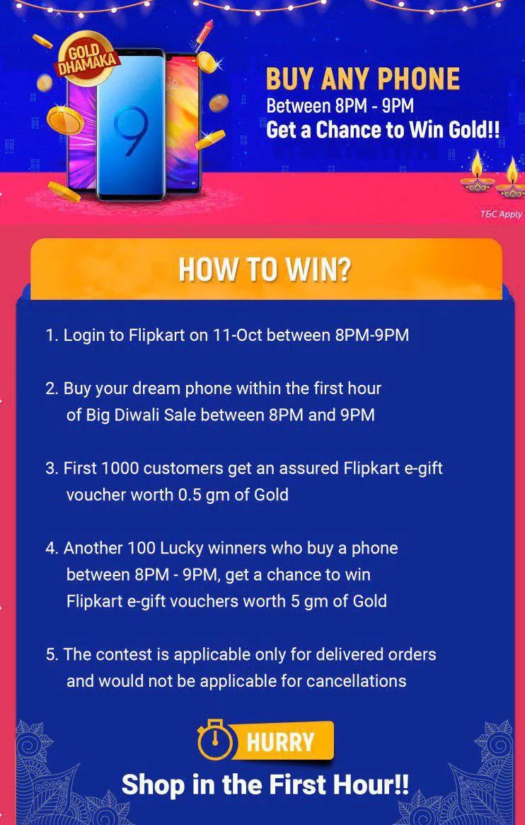 Flipkart Gold Dhamaka Offer – Get Assured Flipkart Gift Voucher Worth Approx. Rs. 2300 On Buying A Phone Between 9-10 PM.