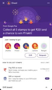 [Trick] Google Pay Diwali Offer – Collect 5 Stamps Get Rs.251 In Bank Also Win Upto Rs.1 Lakh 3