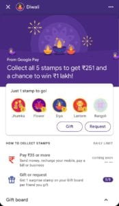 [Trick] Google Pay Diwali Offer – Collect 5 Stamps Get Rs.251 In Bank Also Win Upto Rs.1 Lakh 3