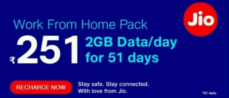 Jio Work From Home Plan – Get 50 GB Data For 30 Days at Just Rs.251