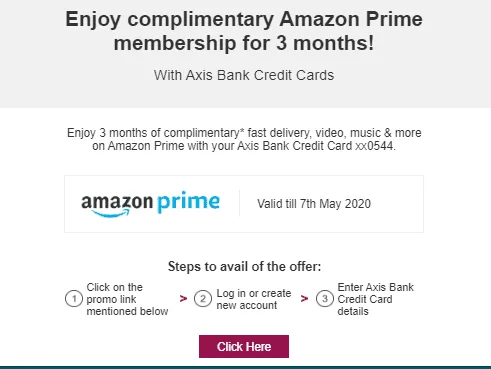 Amazon Prime Membership Free For 3 Months For Axis Credit Card Users