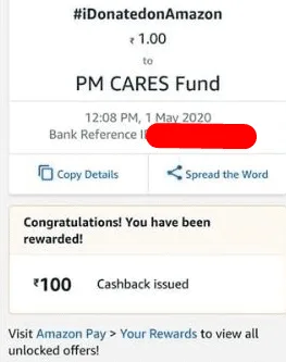 [Proof] Donate Rs.1 or more to PM Cares Fund and Get Upto Rs.100 in Amazon Pay Wallet
