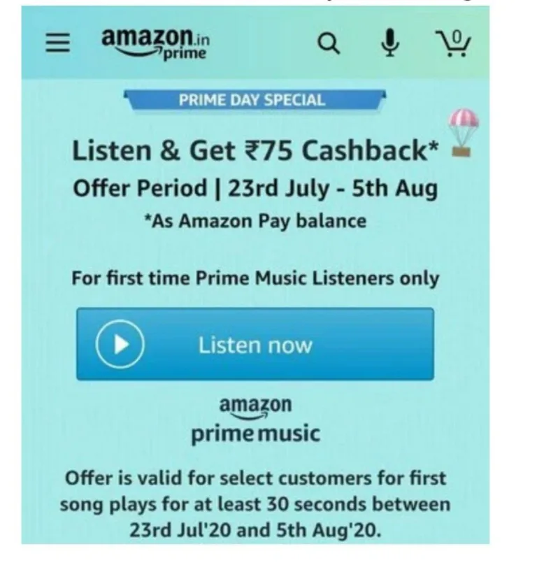[All Users] Amazon Prime Music Offer – Listen Music for First time & Get Rs.200 Amazon Cash