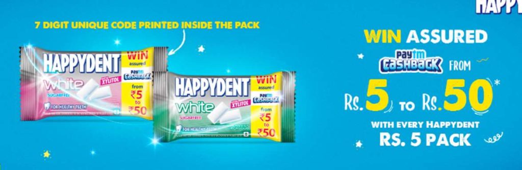Happydent PayTM Offer - Upto Rs.50 PayTM Cash with Rs.5 Pack of Happydent Whits 1