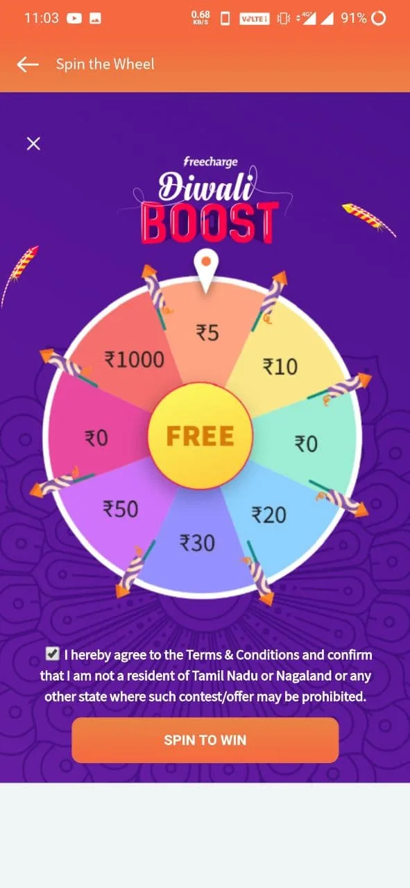 Freecharge Diwali Boost Trick – Daily Get Rs.1000 Cashback on Recharge By Spining the Wheel