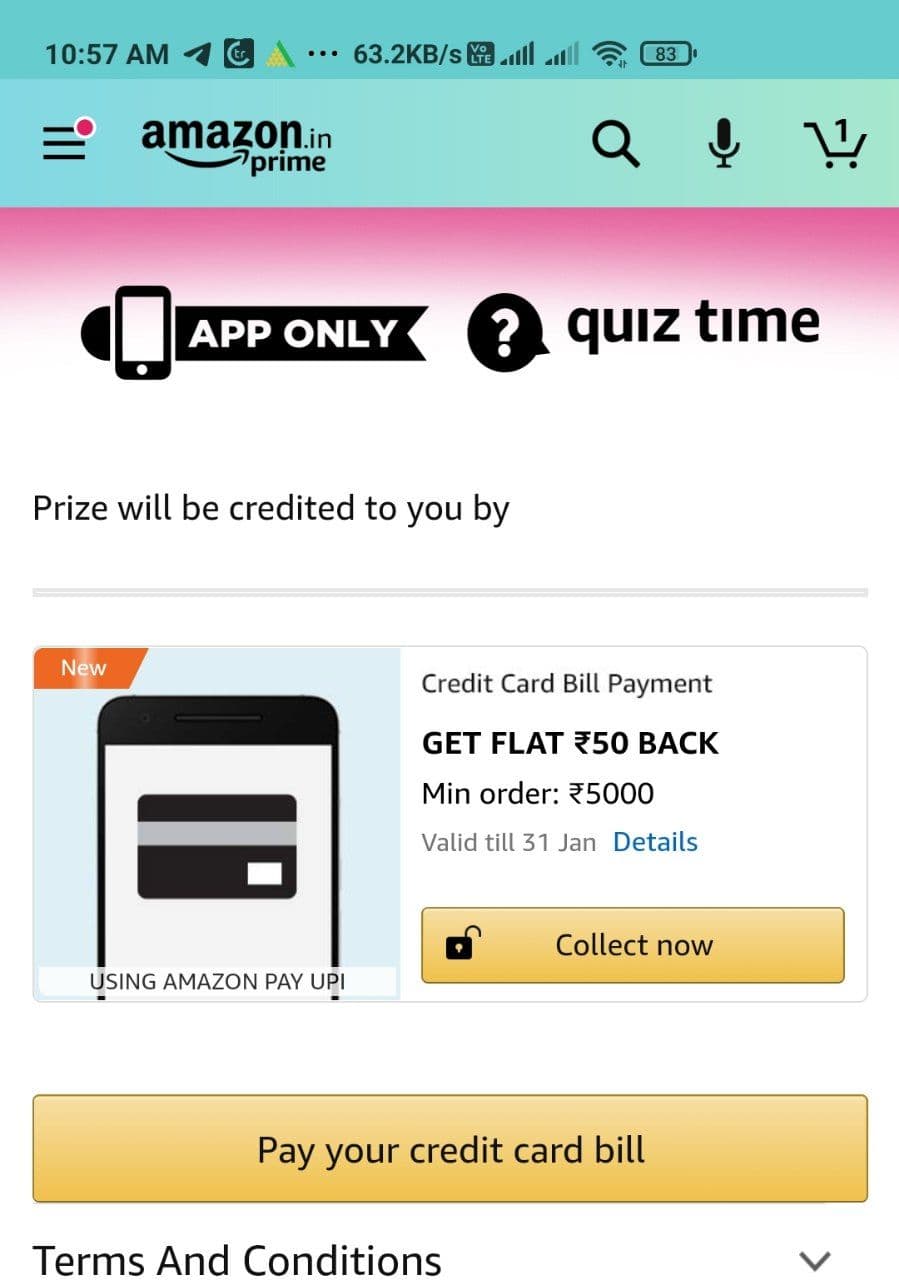 Amazon Credit Card Bill Payment Quiz Answer & Win Assured Rs.50