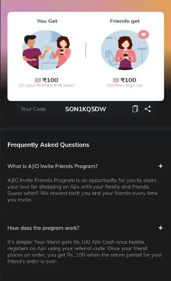 (SON1KQ5DW) Ajio Referral Code  : Rs.500 Free Shopping on Signup & Rs.200 Per Referral