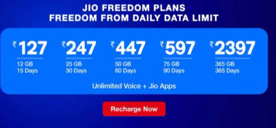 Jio Freedom Plans : No Daily Data Limit | Full List of Plans 1 Jio Freedom Plans