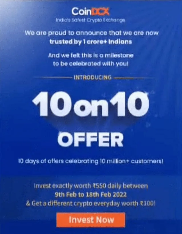 CoinDCX 10 On 10 Offer – Get Free ₹1000 Free Crypto From CoinDCX