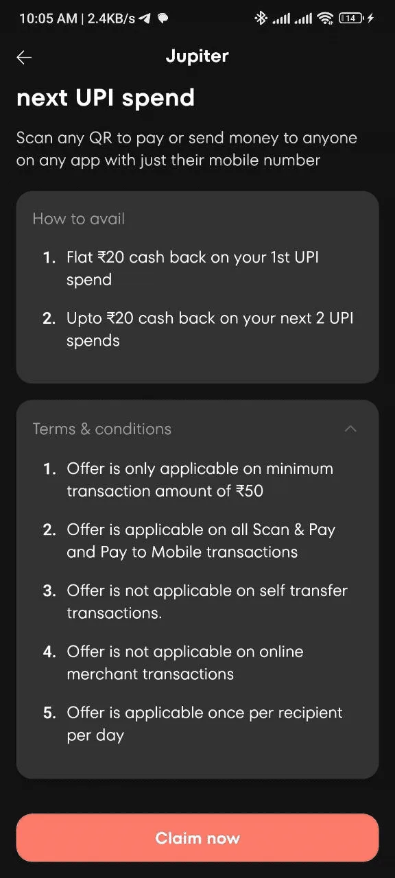 Jupiter UPI Offer: Get Rs.20 Cashback on Next 3 UPI Transactions