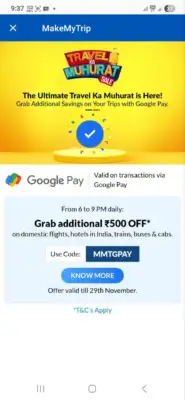 MakeMyTrip Muhurat Offer: Grab a Flat ₹500 Discount on Flights, Trains, Buses & Cabs! 1 MakeMyTrip Muhurat Offer Details