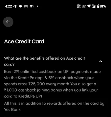 Kredit.Pe Yes Ace Credit Card - Get ₹1000 Cashback as Joining Bonus + Unlimited 3% Cashback on UPI 3 Kredit.pe