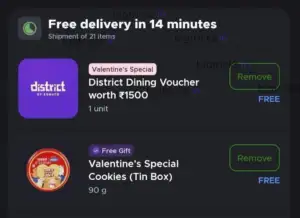 Blinkit Valentine’s Offer: Get upto ₹6000 District Dining Voucher + Free Cookie Box