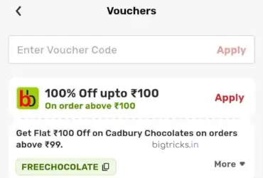 BigBasket Free Chocolate Offer: Get 100% Discount on Cadbury Chocolate 5 Blinkit