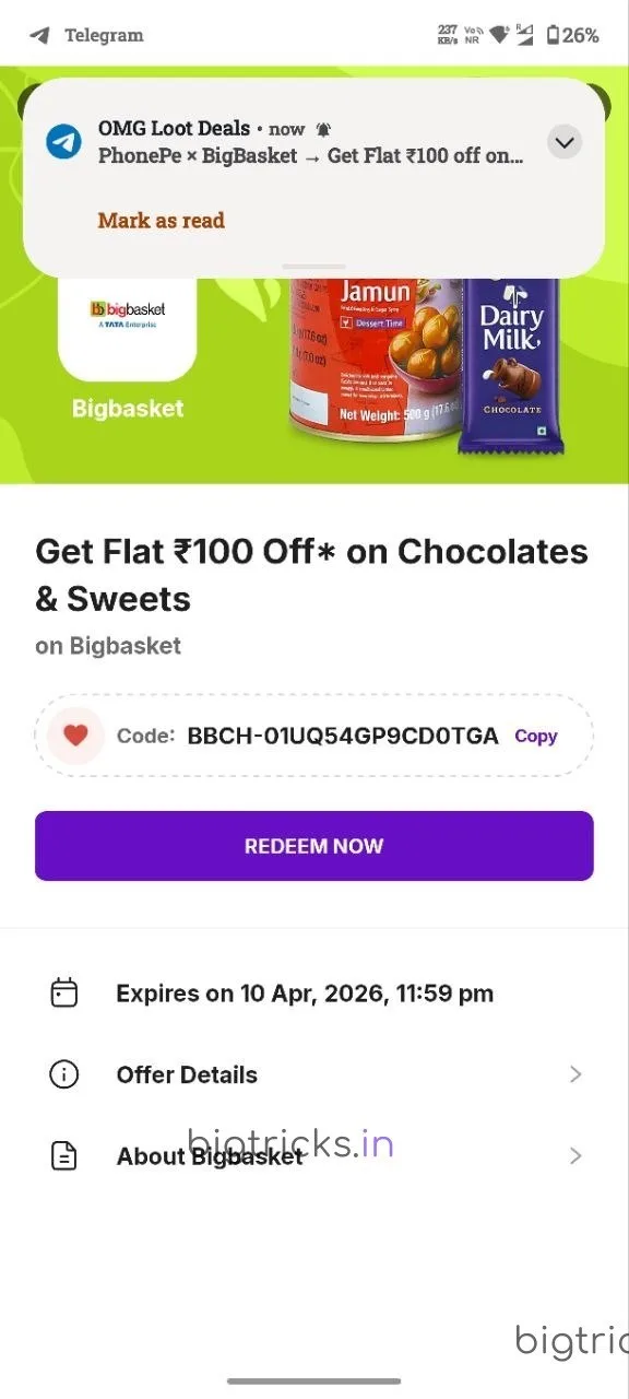 PhonePe BigBasket Offer: Get Flat ₹100 Off on ₹100 Chocolates & Sweets