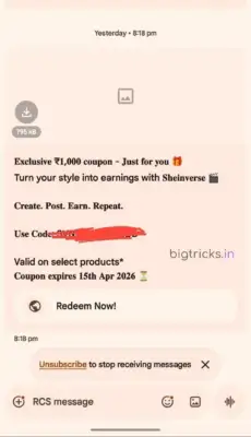 Shein Sending ₹1000 Free Shopping Code to SMS