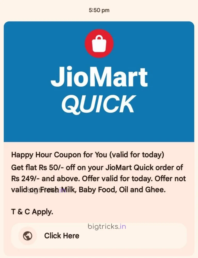 JioMart Happy Hours Coupon: Get ₹50 Off on ₹249 Orders Today!