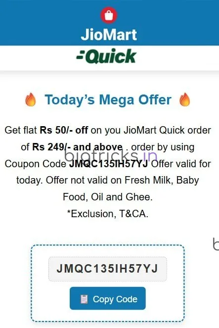 JioMart Coupon Code Today: Get Flat ₹50 Off on ₹249 Orders (May 2024 Update) 1 JioMart Coupon Code Loot Offer Today
