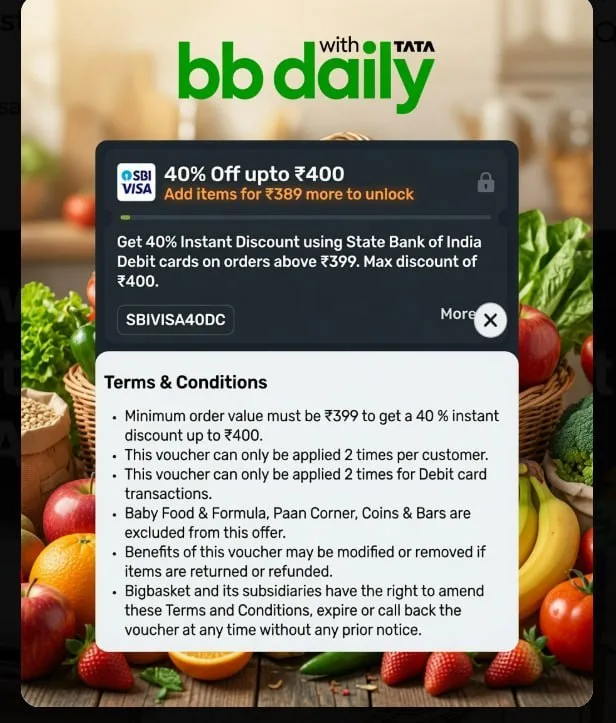 BigBasket SBI Visa Offer: Get Flat 40% Instant Discount Up to ₹400
